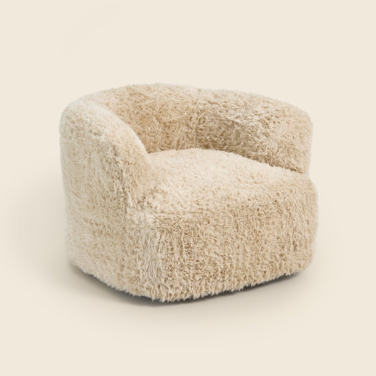 Cream faux fur Peachi Swivel Chair, alternate view on a light beige background