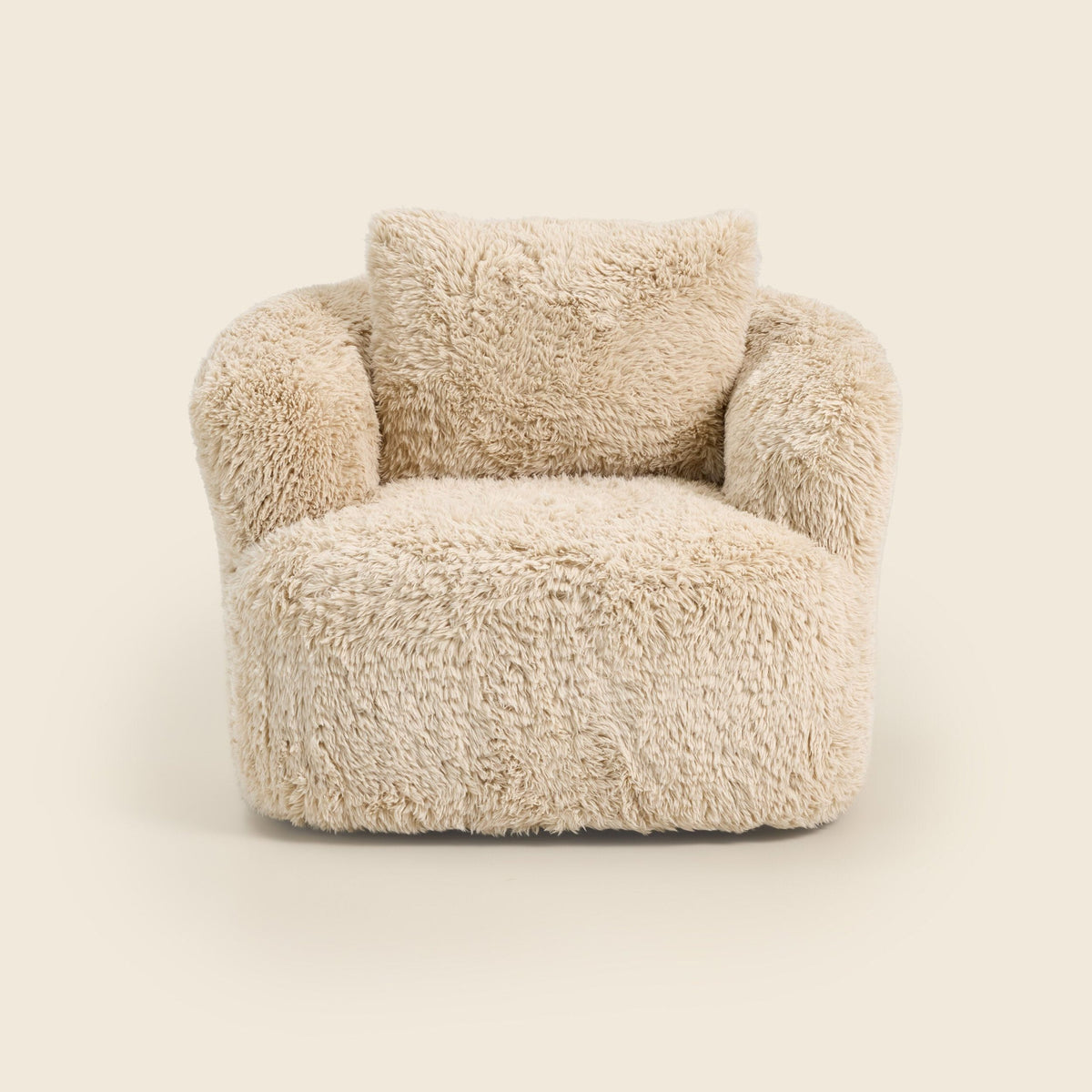 Cream faux fur Peachi Swivel Chair on a beige background