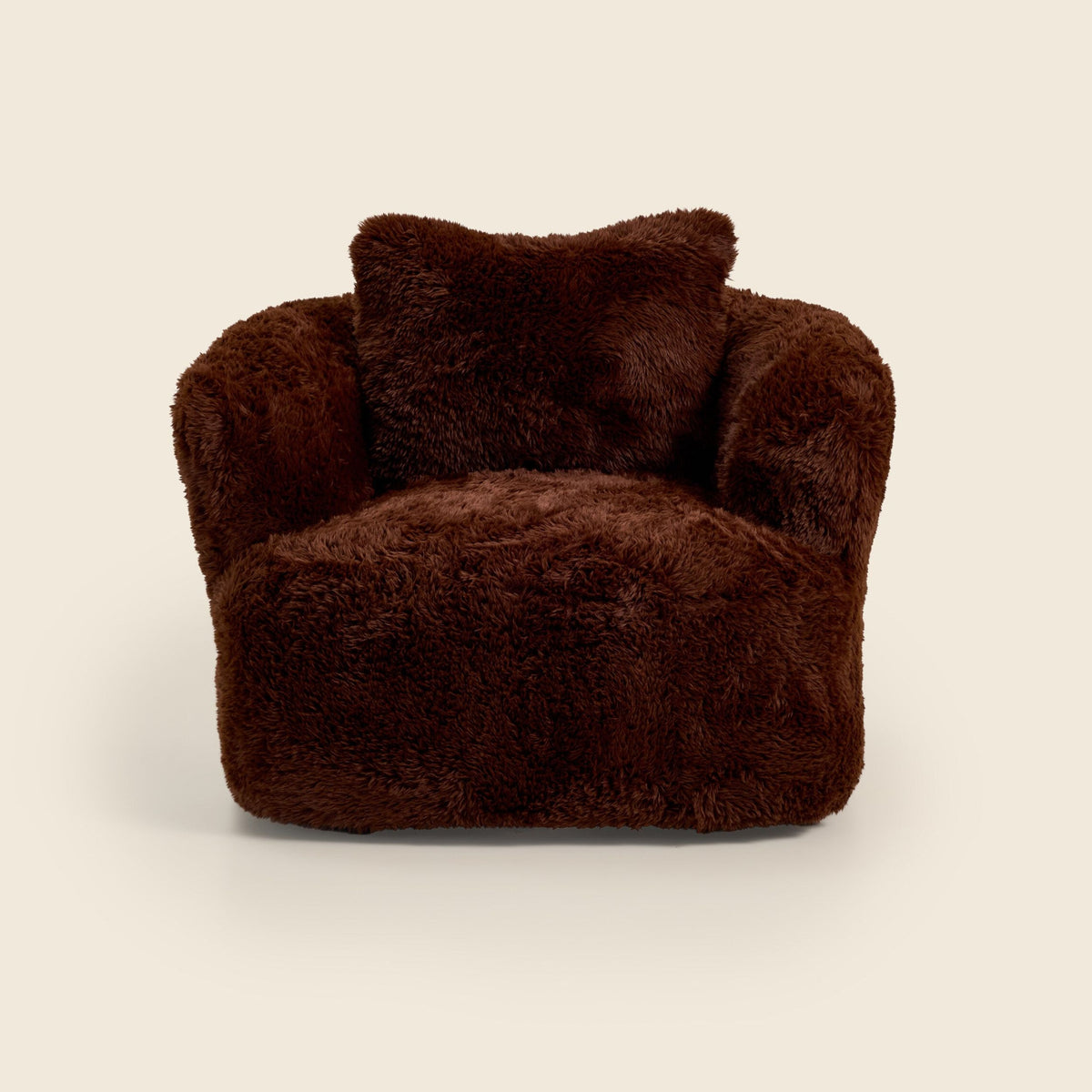 Brown faux fur Peachi Swivel Chair with its cushion on a beige background