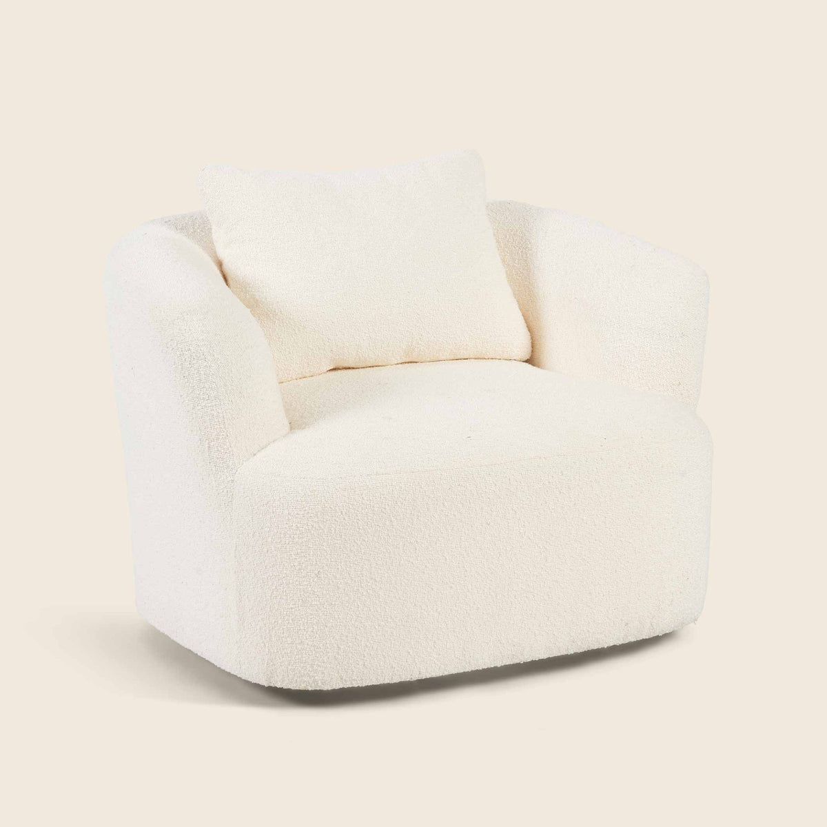Ivory bouclé Peachi Swivel Chair, angled view on a beige background