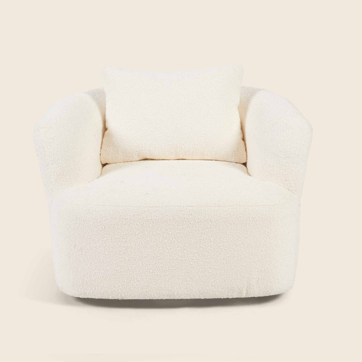 Ivory boucle Peachi Swivel Chair, front view on a beige background