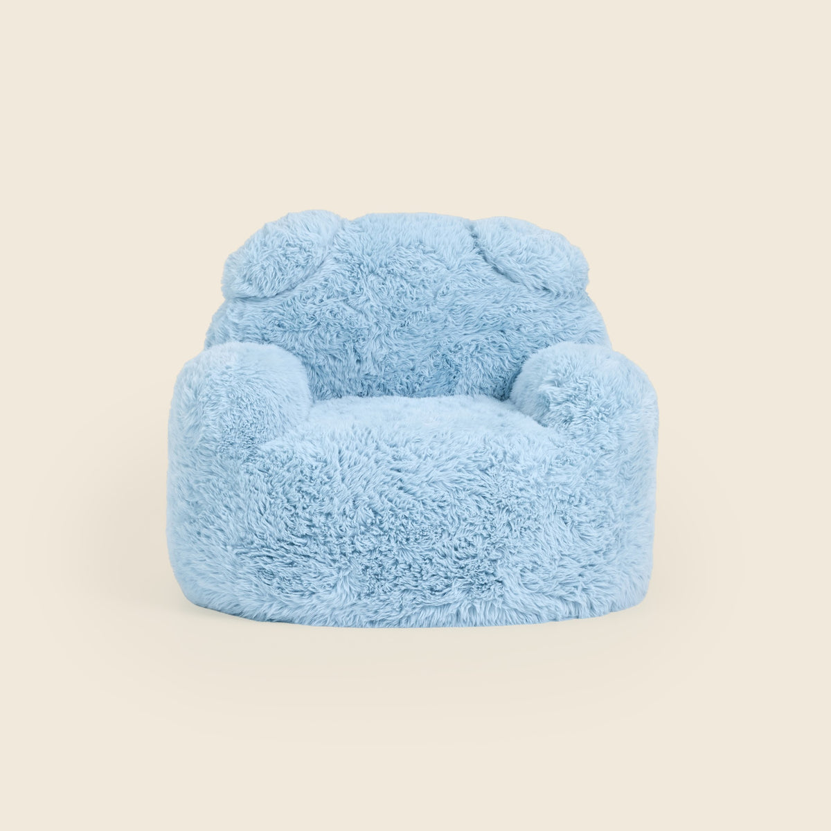 Blue Beari Kids Armchair with bear ears, front view on a beige background