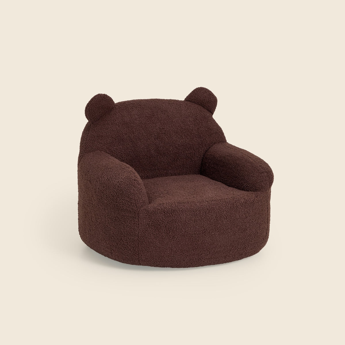 Brown Teddi Kids Armchair, three-quarter front view on a beige background