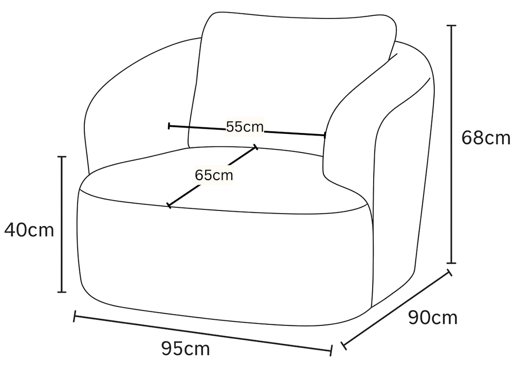 Line drawing of the Peachi with its width, depth and height marked