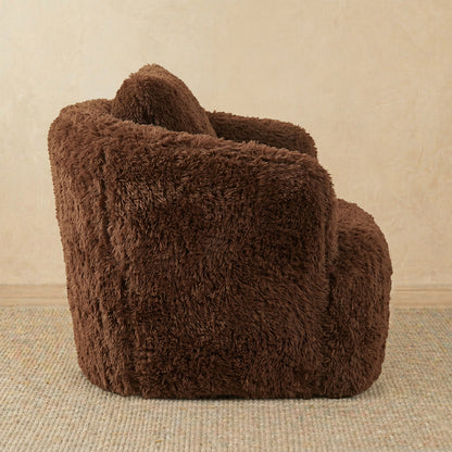 Brown fluffy chair on a beige carpet with a beige wall background 