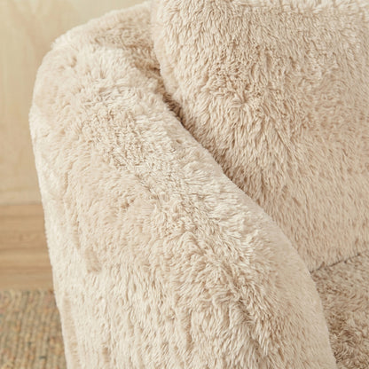 Close-up of a beige fluffy chair on a wooden surface 