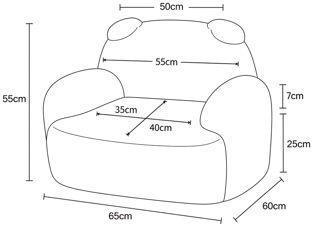 Line drawing of the kids armchair with its measurements