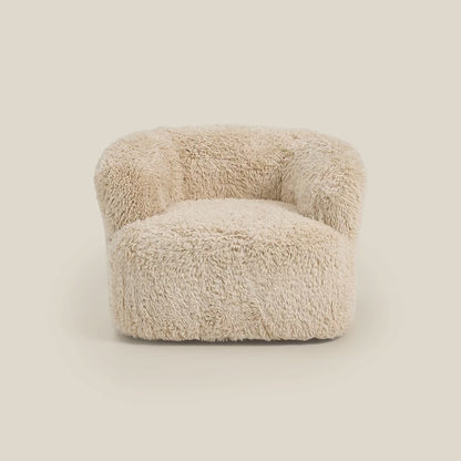 Beige fluffy chair swivelling around on a cream background
