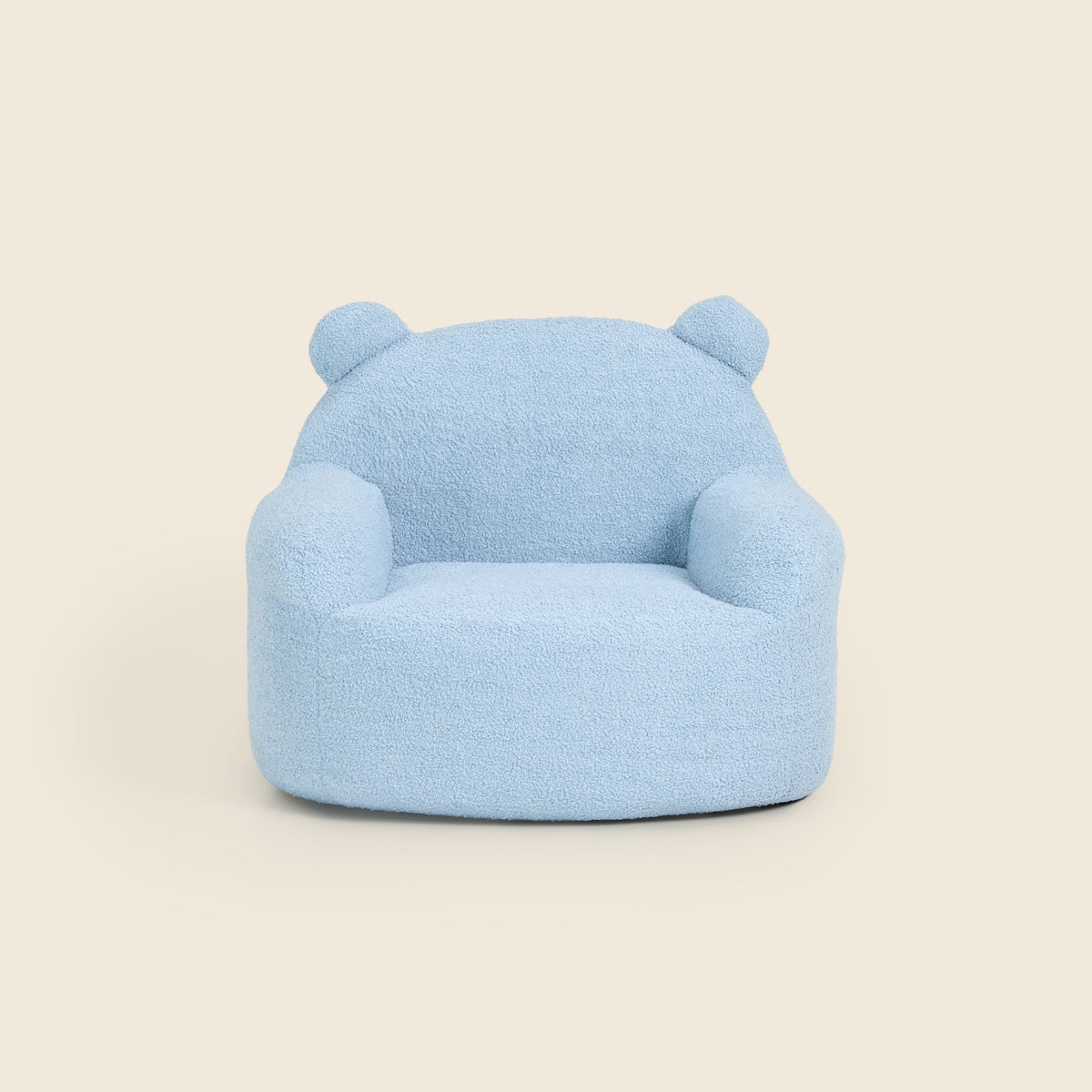 Blue Teddi Kids Armchair with teddy bear ears, front view on a beige background 