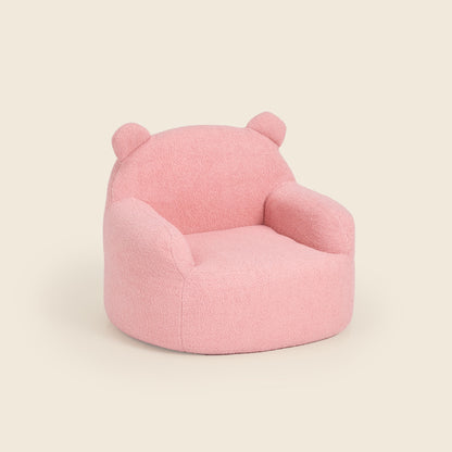 Pink Teddi Kids Armchair, three-quarter front view on a beige background 