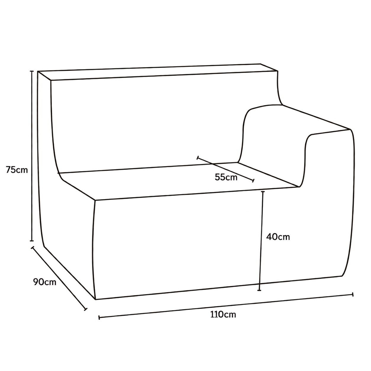 Loungi Left Module dimensions: 110 cm wide, 90 cm deep and 75 cm high, with a 40 cm seat height and 55 cm seat depth